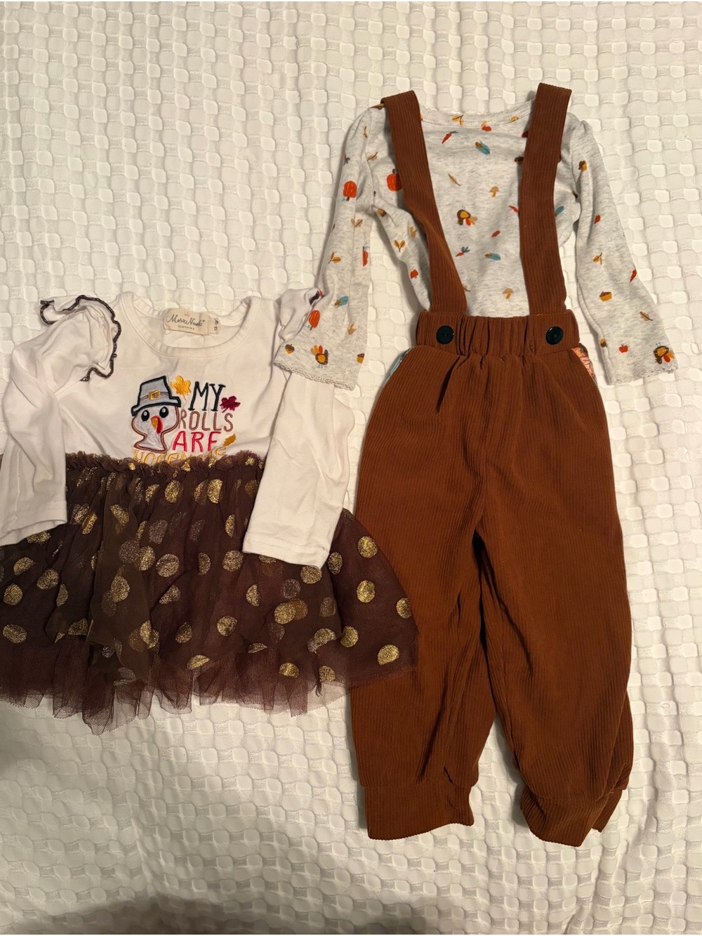 Marie Nicole Corduroy Suspender Pants and My Rolls are Homemade onesie